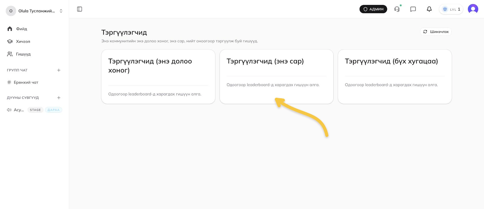 Долоо хоног, сар, бүх хугацааны leaderboard